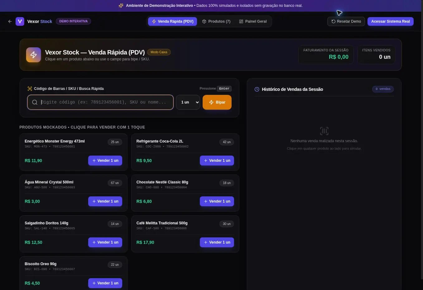 Demonstração interativa pública do painel de vendas do Vexor Stock